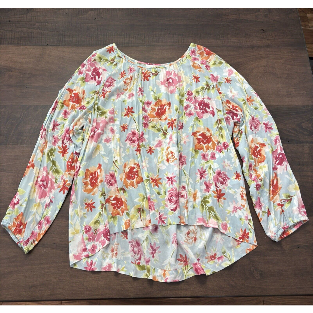 J Jill flowy Feminine Top Petite Large Summer Blue Pink Floral Cold Shoulder